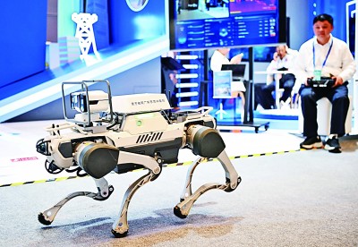 網(wǎng)絡(luò)安全博覽會上的企業(yè)展示電網(wǎng)巡線機(jī)器狗。新華社記者 鄧華攝